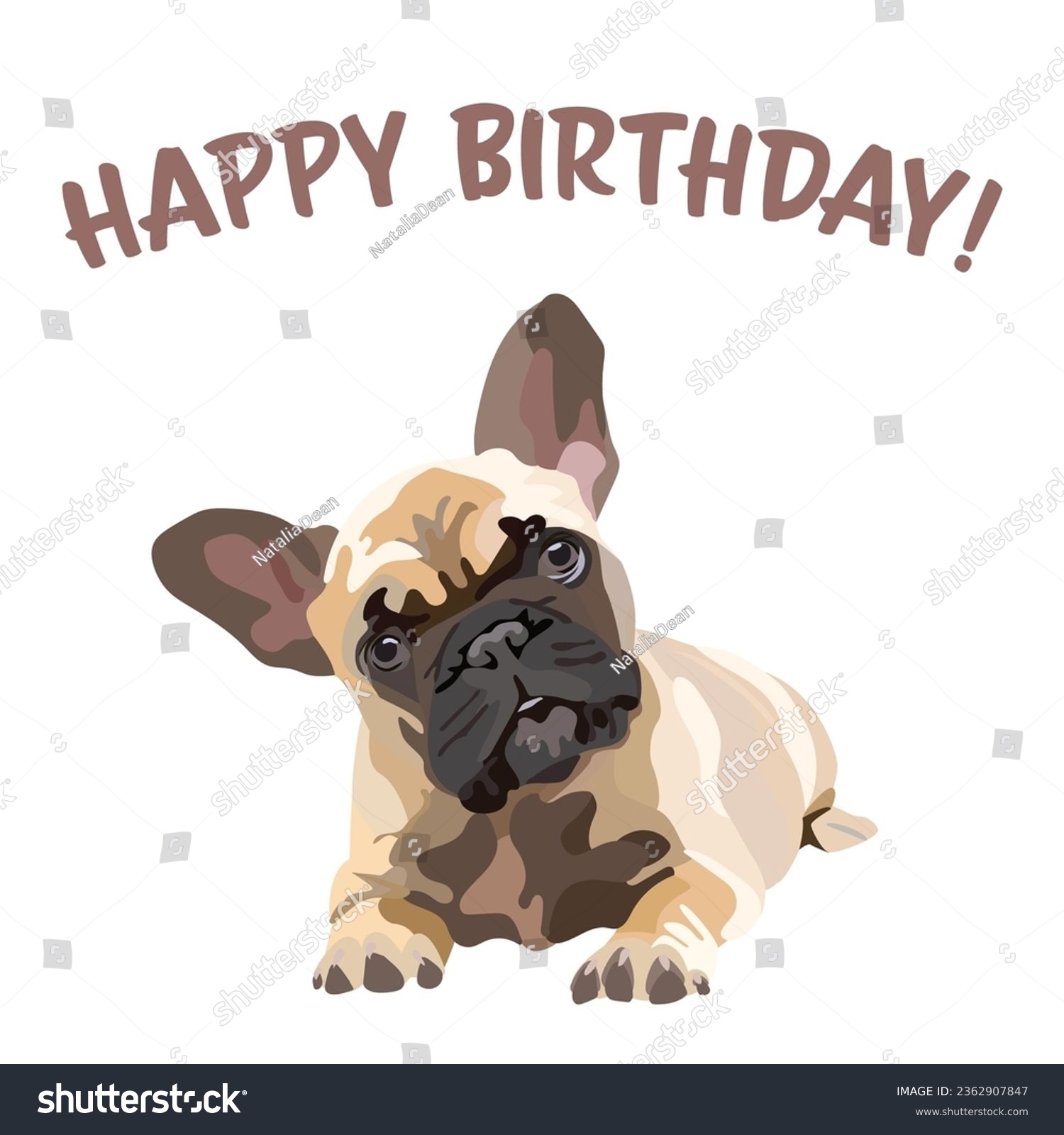 SVG of French Bulldog Breed Happy birthday card. Card with a dog and text, holiday design. Present for a dog lover. Funny cartoon dog breed illustration. Minimalistic birthday card with frenchie. Fun present svg