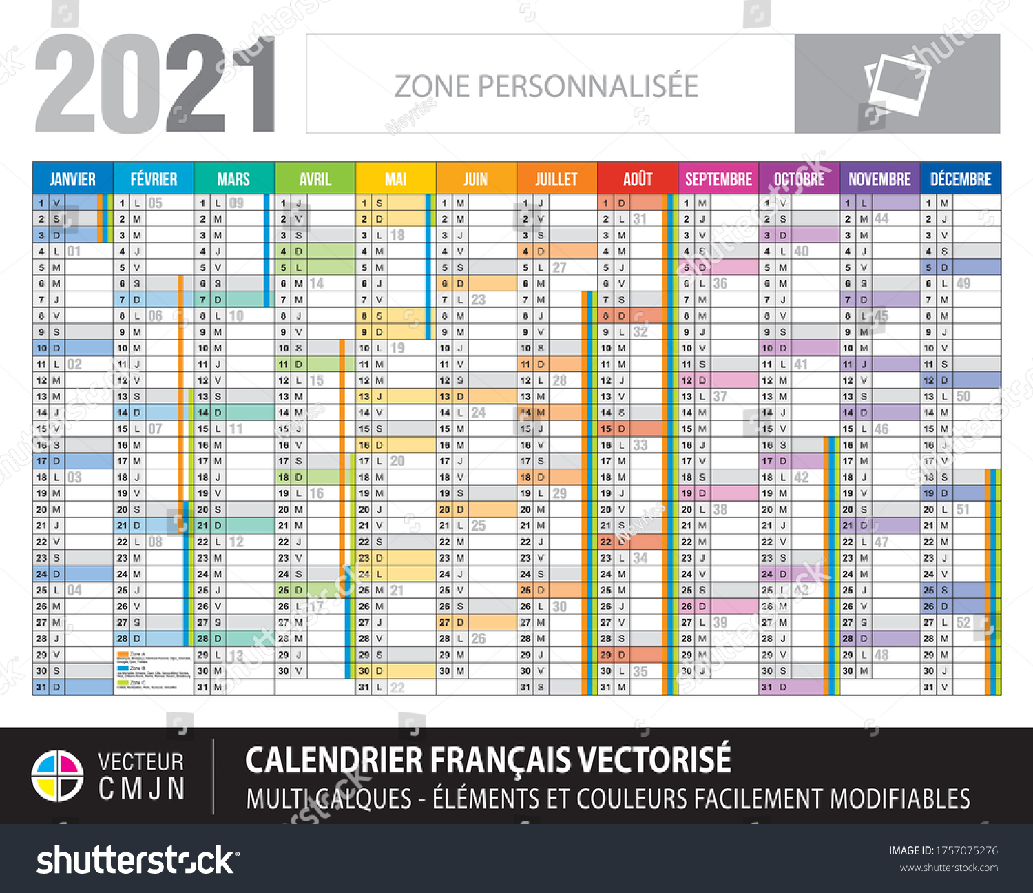 French Calendar 21 Colorful Planner French Stock Vector Royalty Free