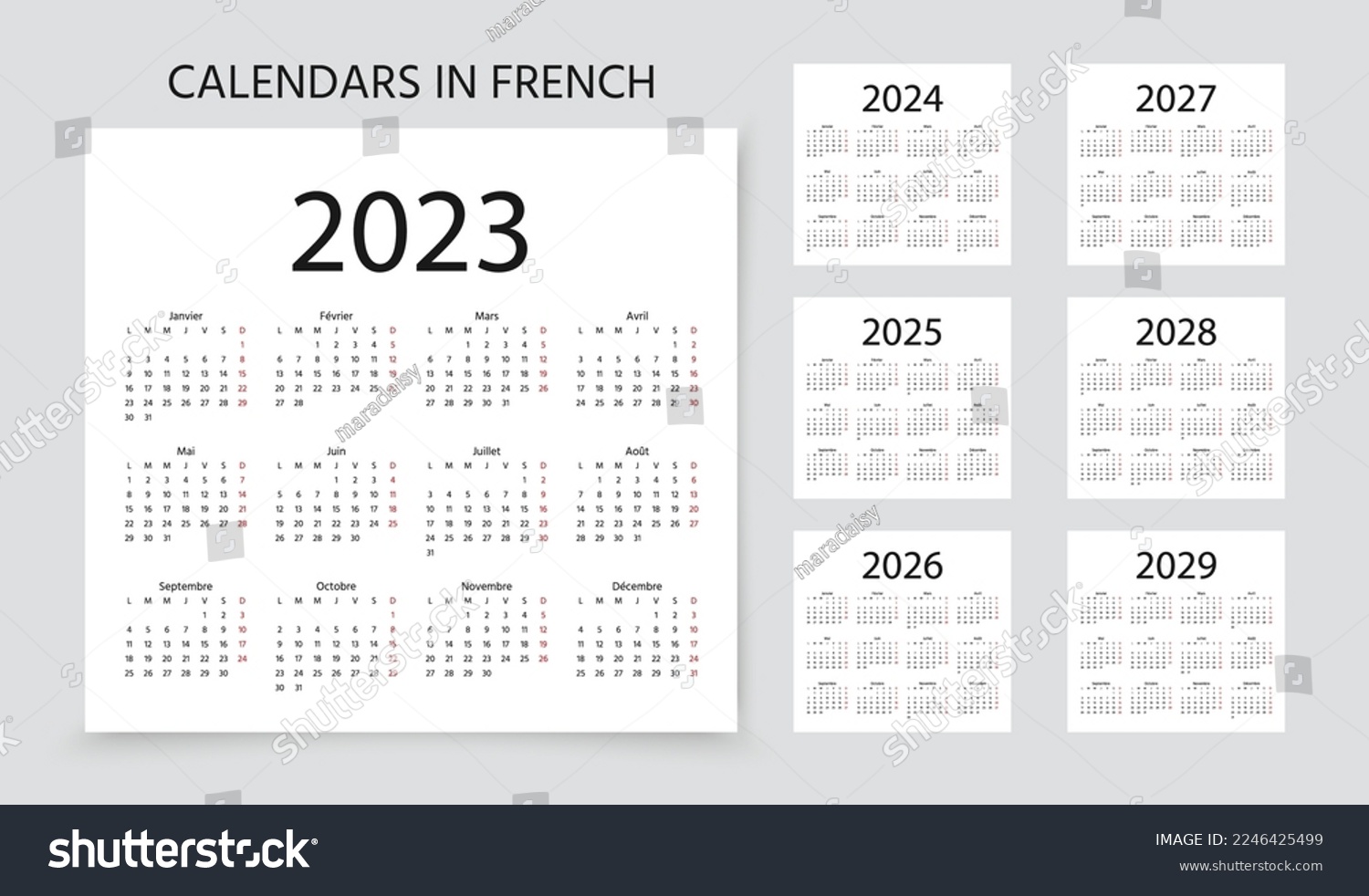 SVG of French Calendars for 2023, 2024, 2025, 2026, 2027, 2028, 2029 years. Week starts Monday. France calender template. Scheduler layout with 12 month. Yearly organizer in simple design Vector illustration svg