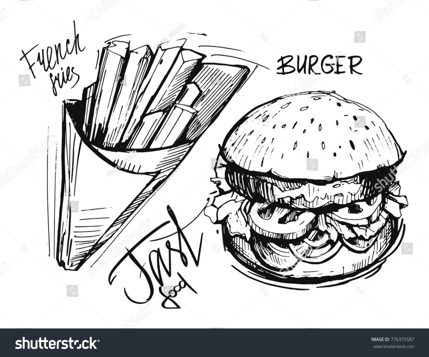 Frites Et Hamburger Francais Esquisse Dessinee Image Vectorielle De Stock Libre De Droits