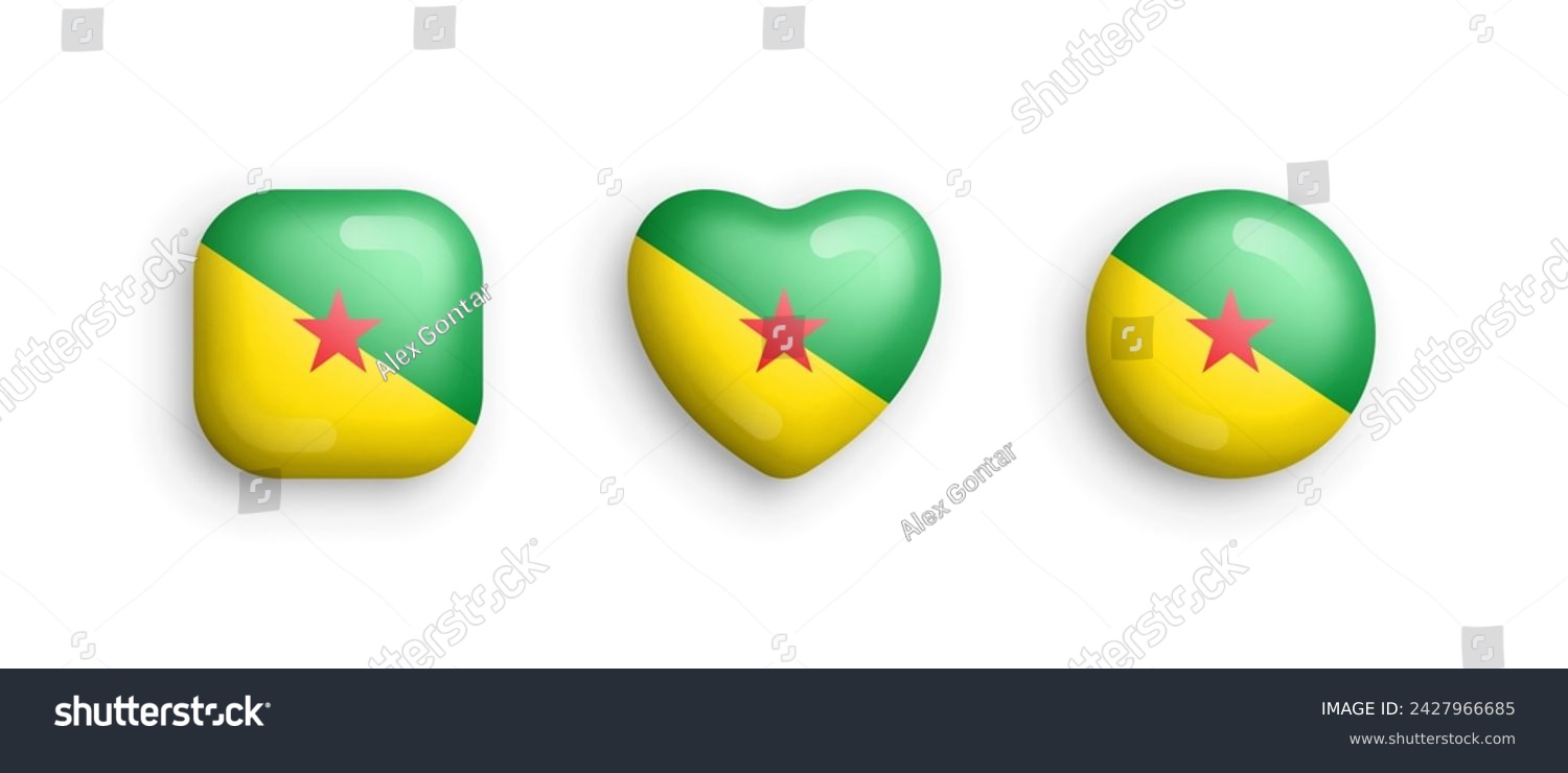 SVG of French Guiana Official National Flag 3D Vector Glossy Icons In Rounded Square, Heart And Circle Shapes Isolate On White. Guyanese Sign And Symbols Graphic Design Elements Volumetric Buttons Collection svg