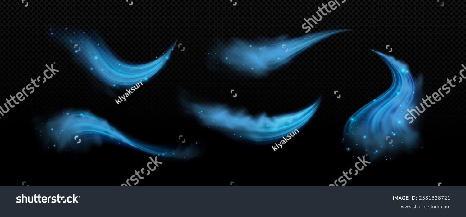 SVG of Fresh cold air waves with wind flow effect. Realistic vector illustration set of blue jets of cool airstream with dust or ice particles. Transparent purification breeze air blow with sparkles. svg