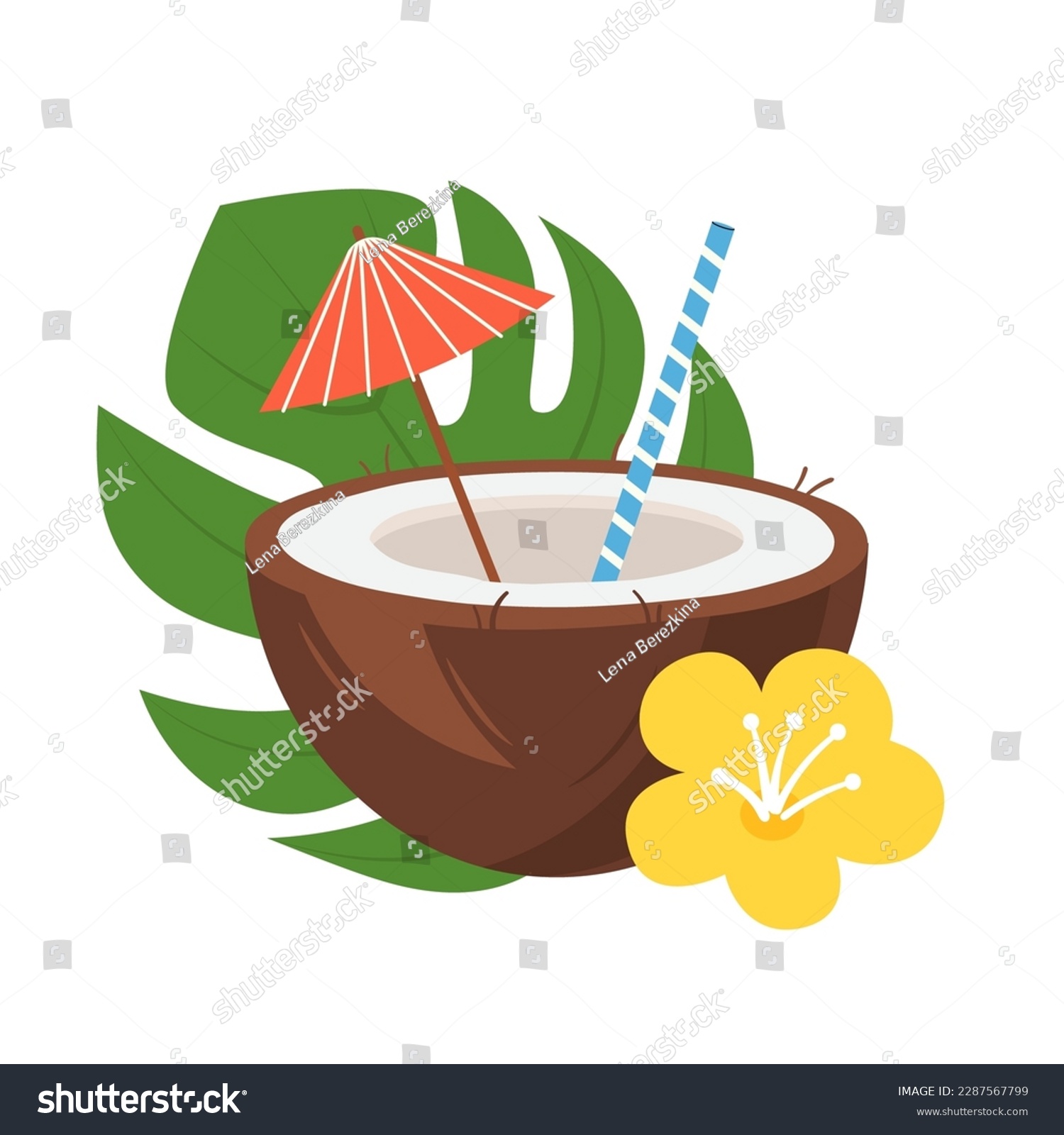 SVG of Fresh tropical cocktail in coconut half. Refreshing beach fruit drink with decorated staw and umbrella. Exotic paradise juice. Flat vector illustration isolated on white background svg