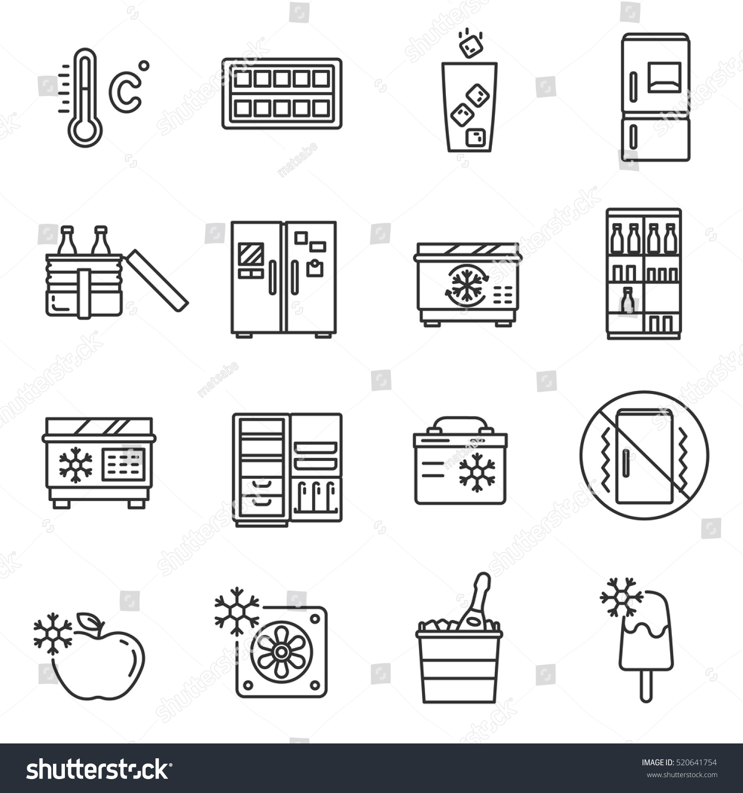 SVG of Fridge icon set. Cooling products, thin line design. Refrigerators for storing frozen products, linear symbols collection. Icons on cooling, isolated vector illustration. svg