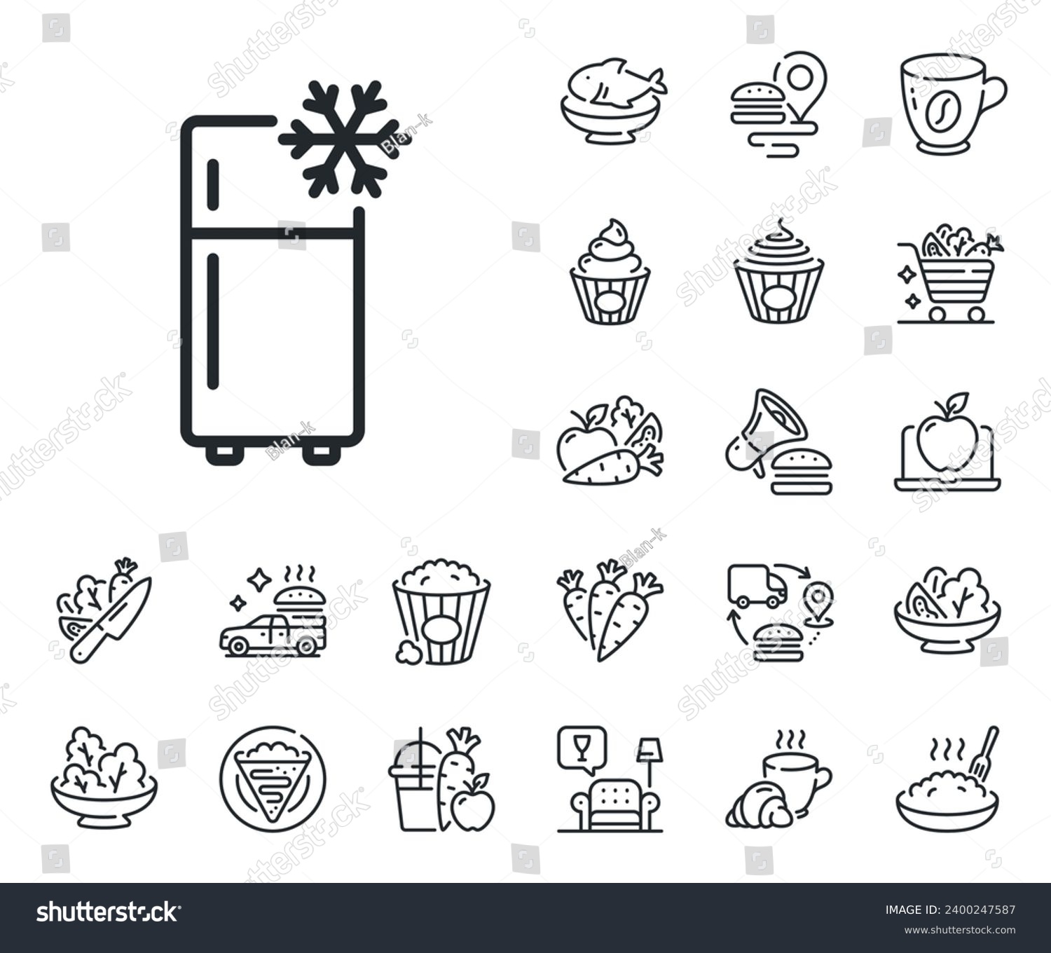 SVG of Fridge sign. Crepe, sweet popcorn and salad outline icons. Single chamber refrigerator line icon. Freezer storage symbol. Refrigerator line sign. Pasta spaghetti, fresh juice icon. Vector svg