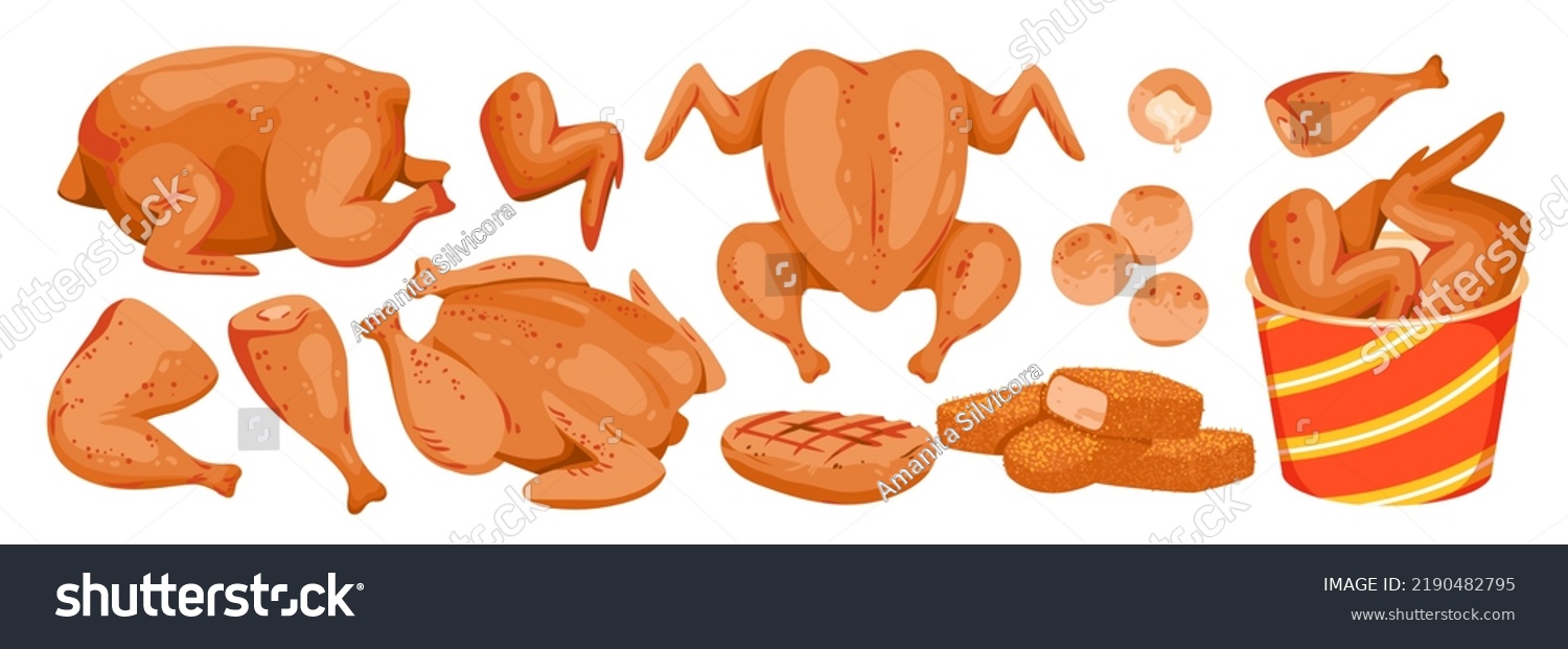 SVG of Fried chicken set vector illustration. Cartoon isolated hot roasted fillet from breasts, tasty spicy drumsticks and wings in box, nuggets and grilled chicken cutlets for poultry menu collection svg