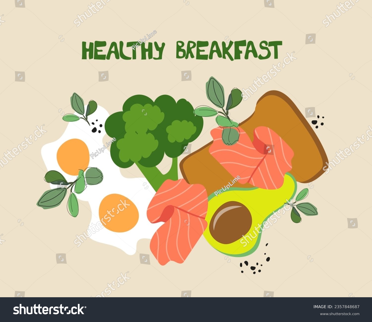 SVG of Fried eggs, broccoli, avocado, toast, slices of salmon. Food for Breakfast. Products for a healthy Breakfast. Hand drawn vector for poster, banner, print design svg