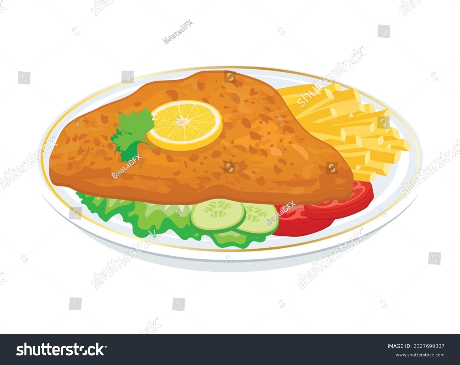SVG of Fried pork schnitzel with french fries vector illustration. Fried steak with fries and vegetable garnish on a plate icon vector isolated on a white background. Chicken cutlet drawing svg
