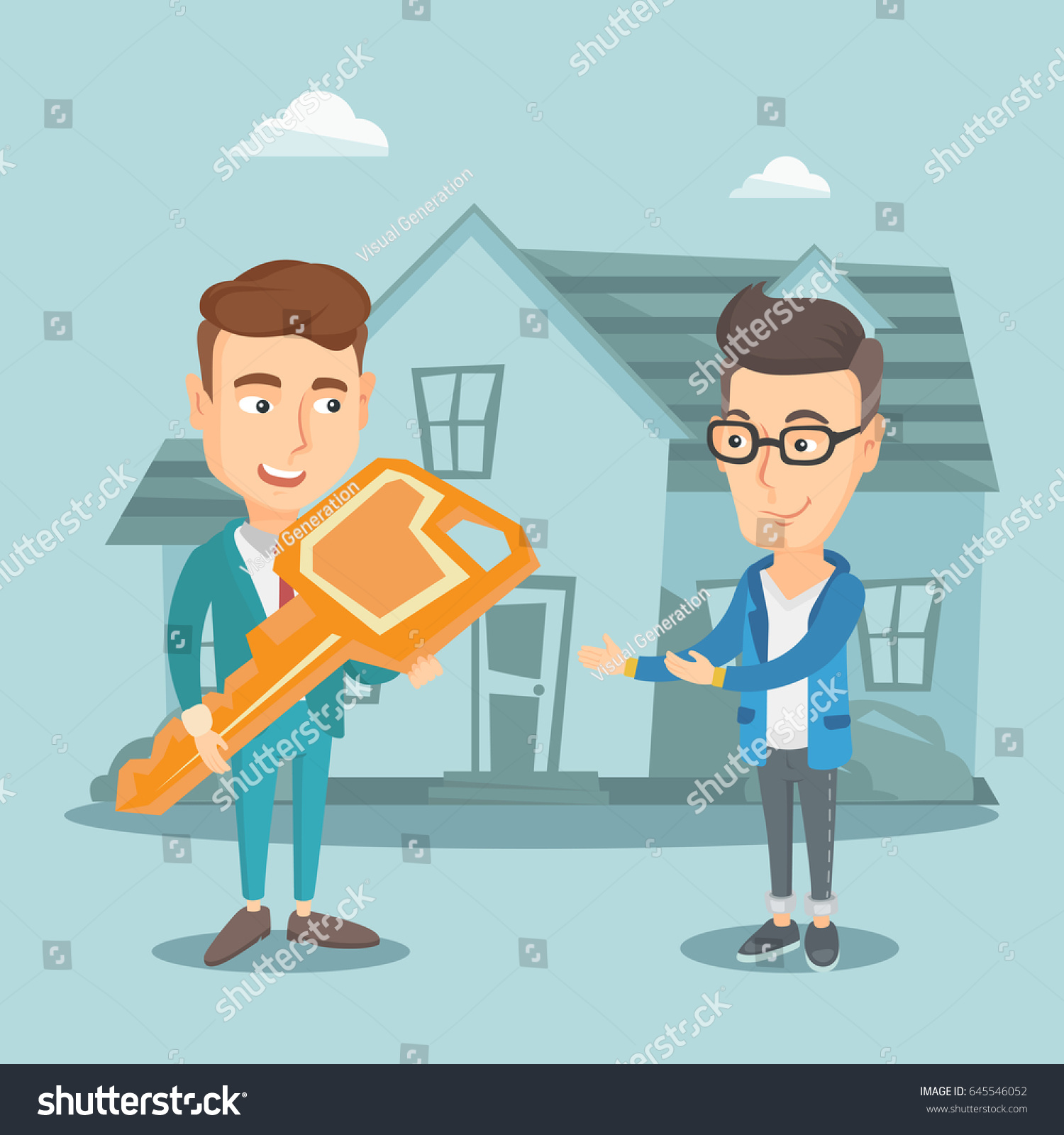 Friendly real estate agent giving key to a new owner of a house. Real estate agent passing house keys to cheerful client. Happy man buying a new house. Vector flat design illustration. Square layout.