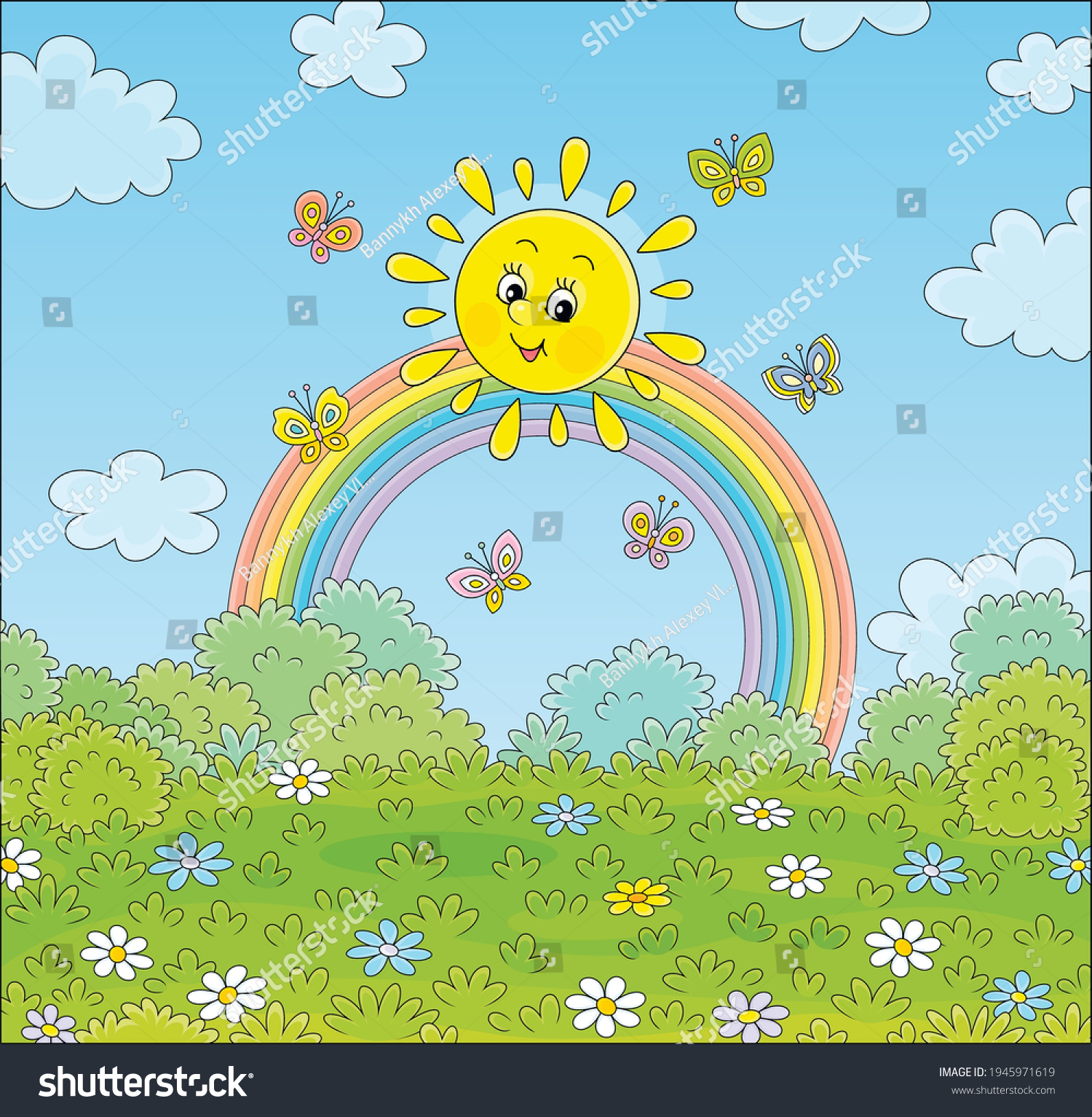 Friendly Smiling Sun Colorful Rainbow Butterflies Stock Vector (Royalty ...