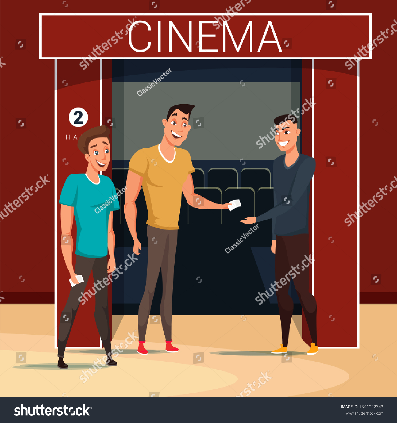SVG of Friends going to cinema flat vector illustration. Worker cartoon character checking tickets. Seats, screen in empty cinema hall. Colleagues having fun after workday. Men watching film in movie theater svg