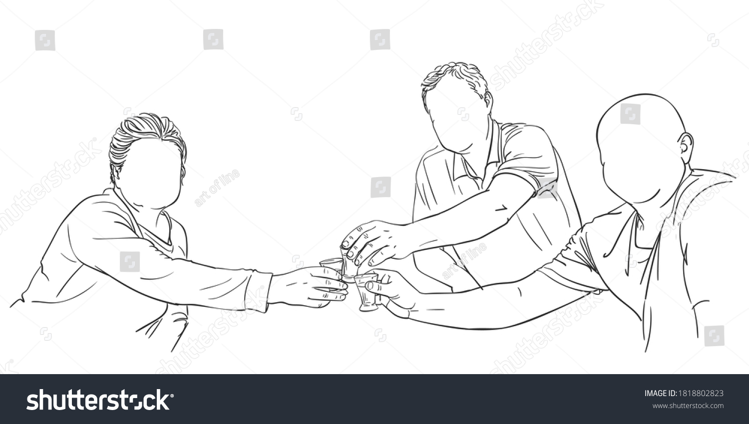 SVG of Friends having alcohol drink together clinking shot glasses and toasting, Drawing of people with no face. Vector sketch Hand drawn illustration isolated black and white svg