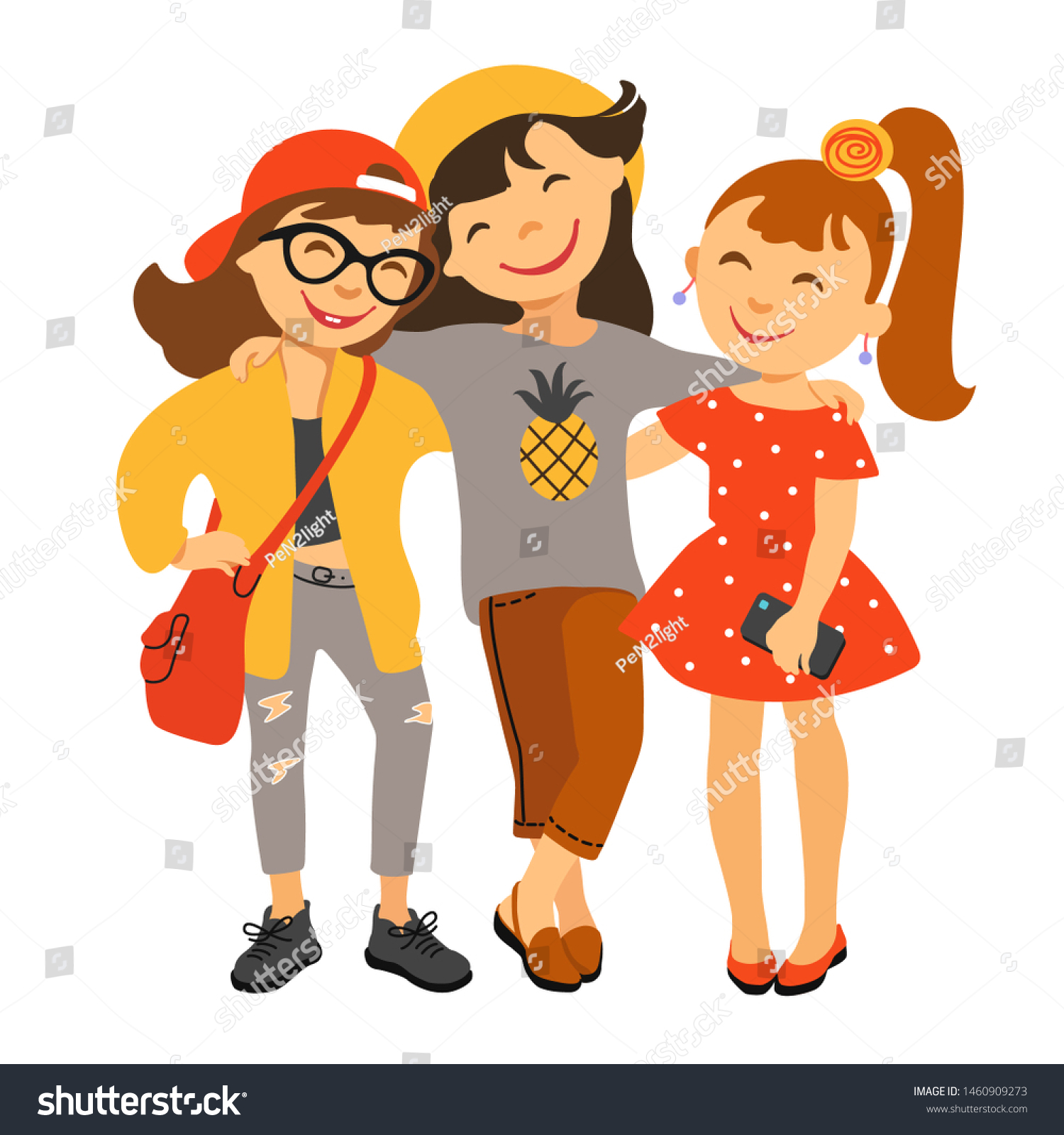 Three Girl Friends Cartoon Stock Illustrations Images Vectors   Stock Vector Friendship Day Happy Meeting Of Group Best Friends Three Young Girls Hug And Smile Friendship 1460909273 