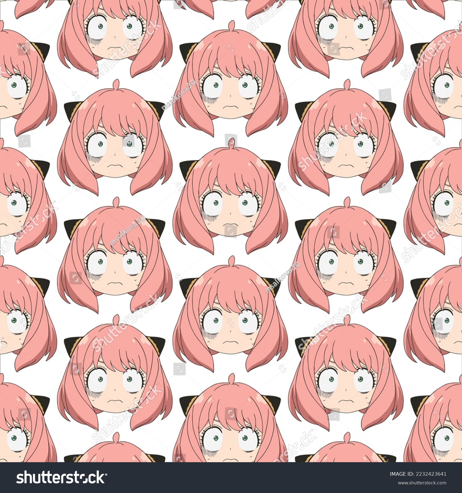 SVG of Frightened girl with wide open eyes, the girl has ears and lush pink hair, grid pattern svg