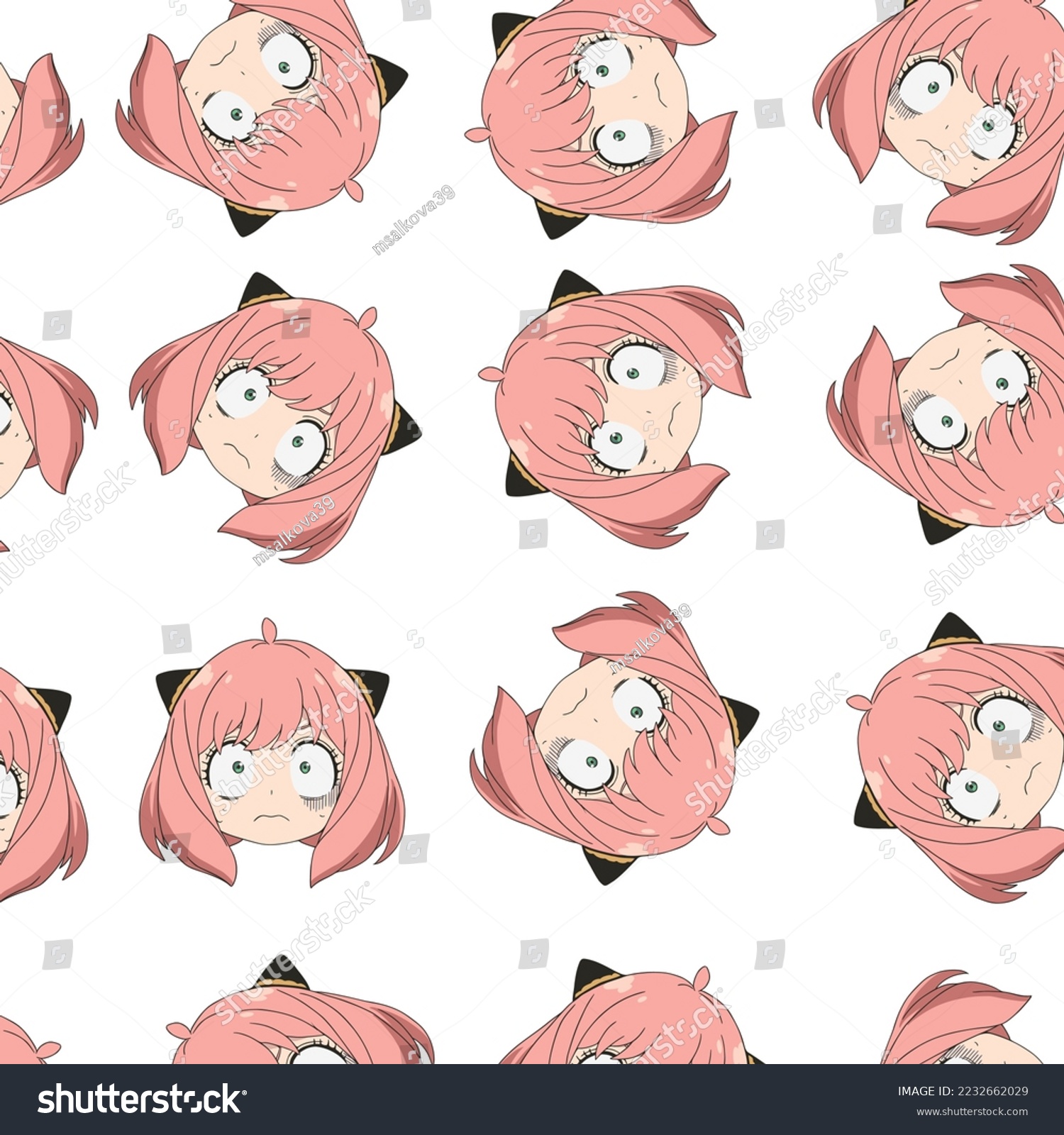SVG of Frightened girl with wide open eyes, the girl has ears and lush pink hair, patern svg