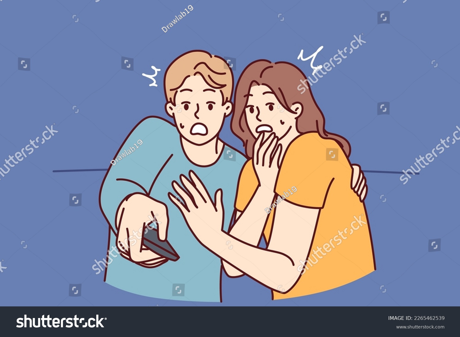 SVG of Frightened man and woman with TV remote control are shocked after watching scary movie with murders or monsters. Shocked couple gets scared while watching news on TV because of depressing forecasts  svg