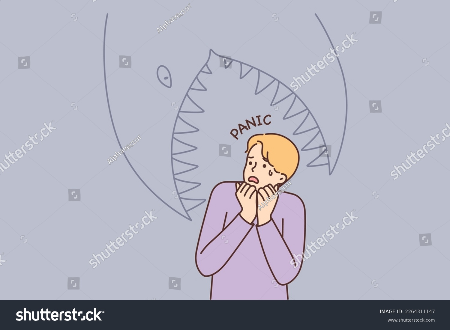 SVG of Frightened man having panic attack imagining giant fish trying to eat him. Cowardly guy panic and gets scared after watching horror movies or reading scary stories in books svg