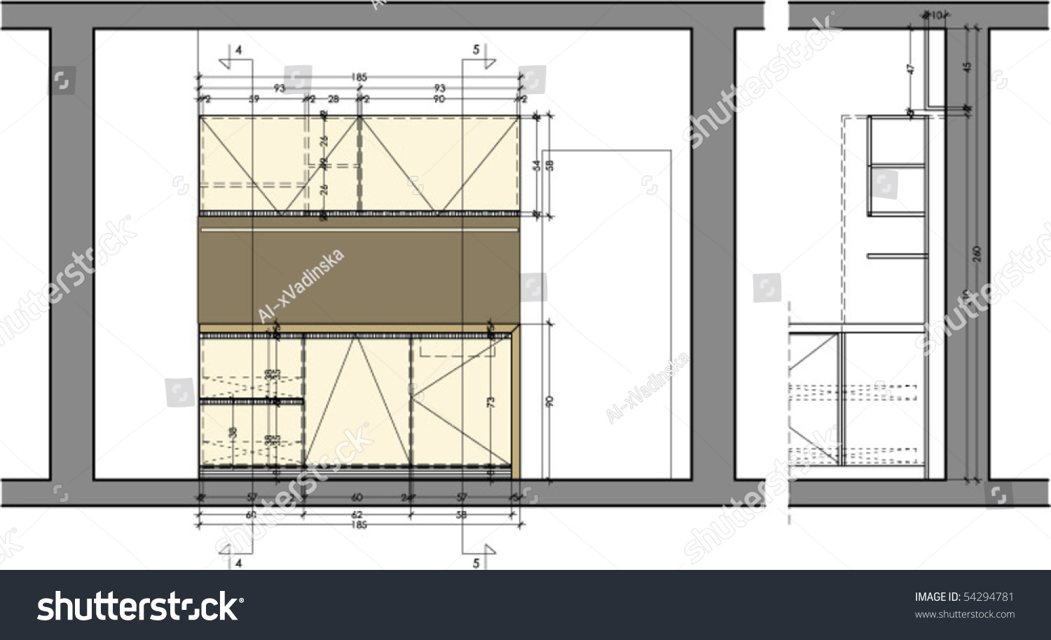 Front view and section of a kitchen furniture drawing