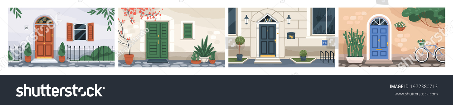 SVG of Front view of home walls with closed doors, windows with wooden shutters, mailboxes, potted plants, lanterns and bicycle parkings. Colored flat vector illustrations of doorways, building entrances svg