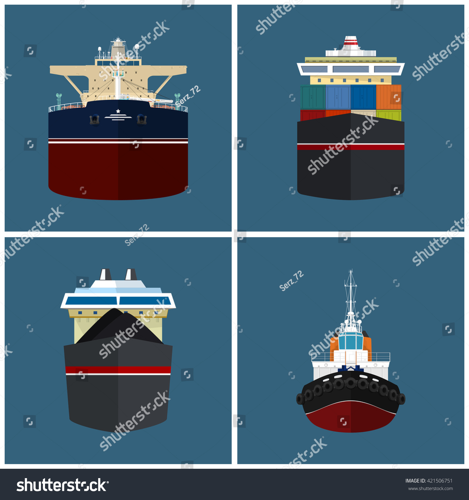 SVG of Front View of the Vessel, Cargo Container Ship, Oil Tanker, Dry Cargo Ship, Tugboat,   International Freight Transportation, Vessel for the Transportation of Goods,  Vector Illustration svg
