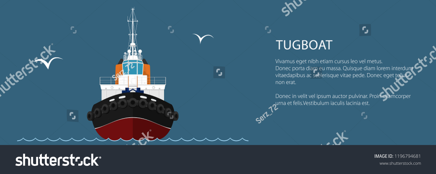 SVG of Front View of the Vessel Tugboat and Text, Push Boat Banner, Tow Boat for to Towage and Mooring of Other Courts , Vector Illustration svg