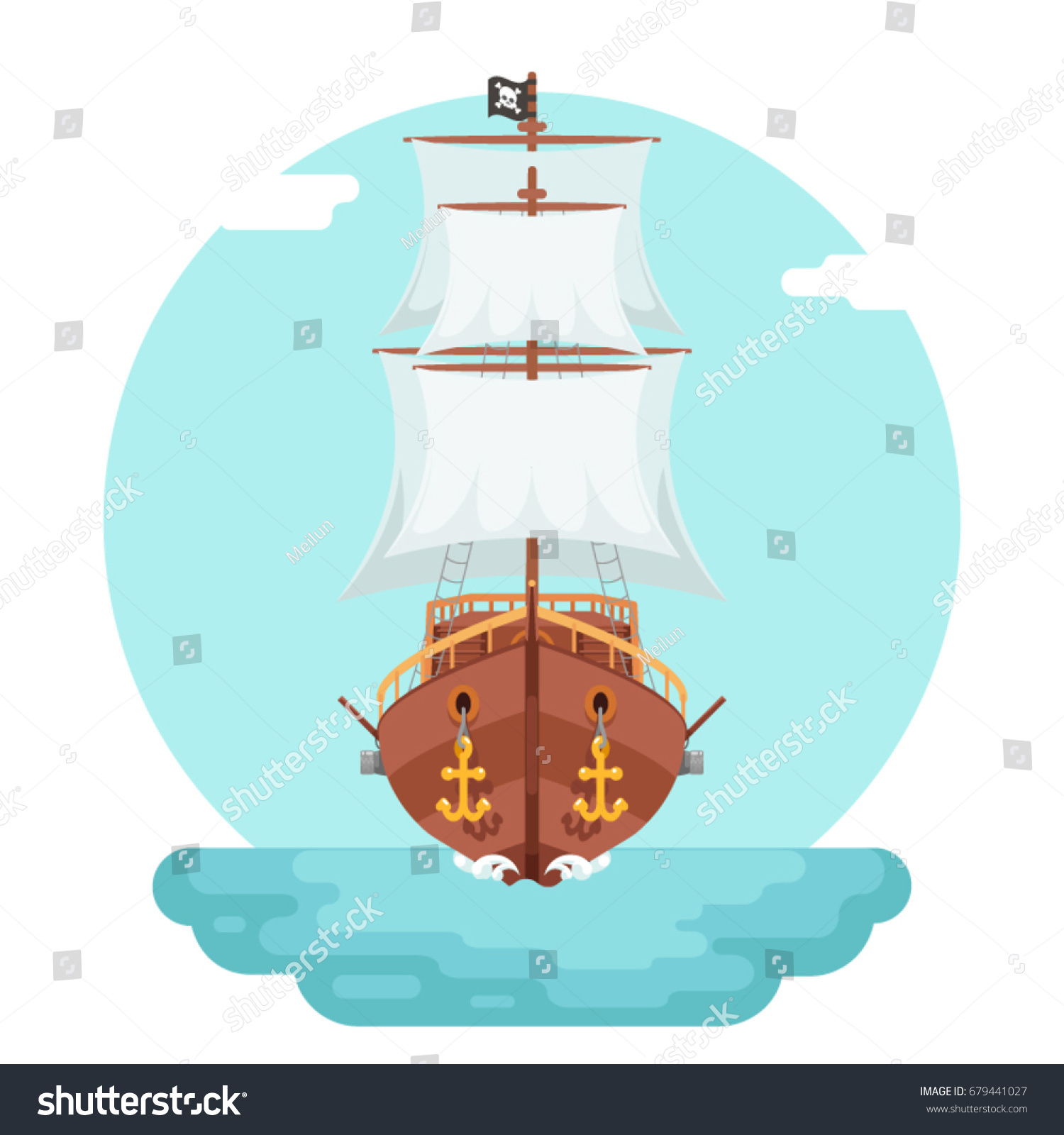 SVG of Front View Wooden pirate buccaneer filibuster corsair sea dog ship game icon isolated flat design vector illustration svg