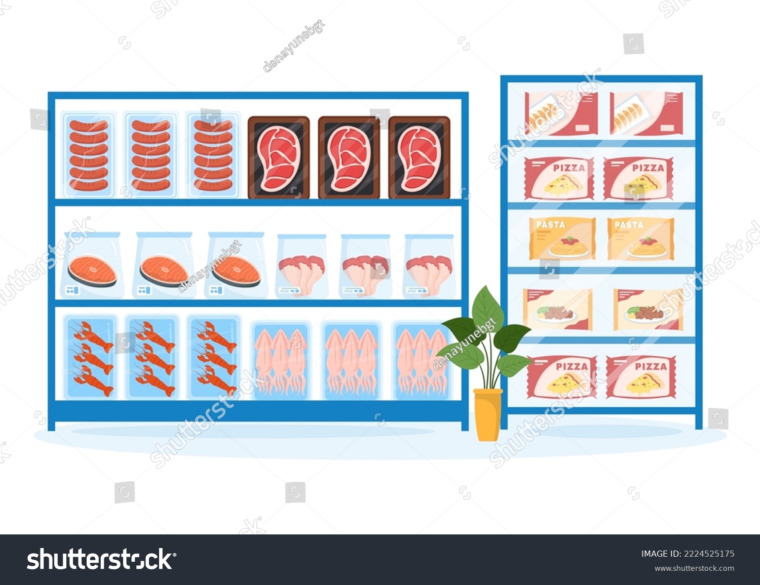 SVG of Frozen Food Store with Products Vacuumed using Foil and Pouch Packaging to be Fresh in Hand Drawn Cartoon Template Illustration svg