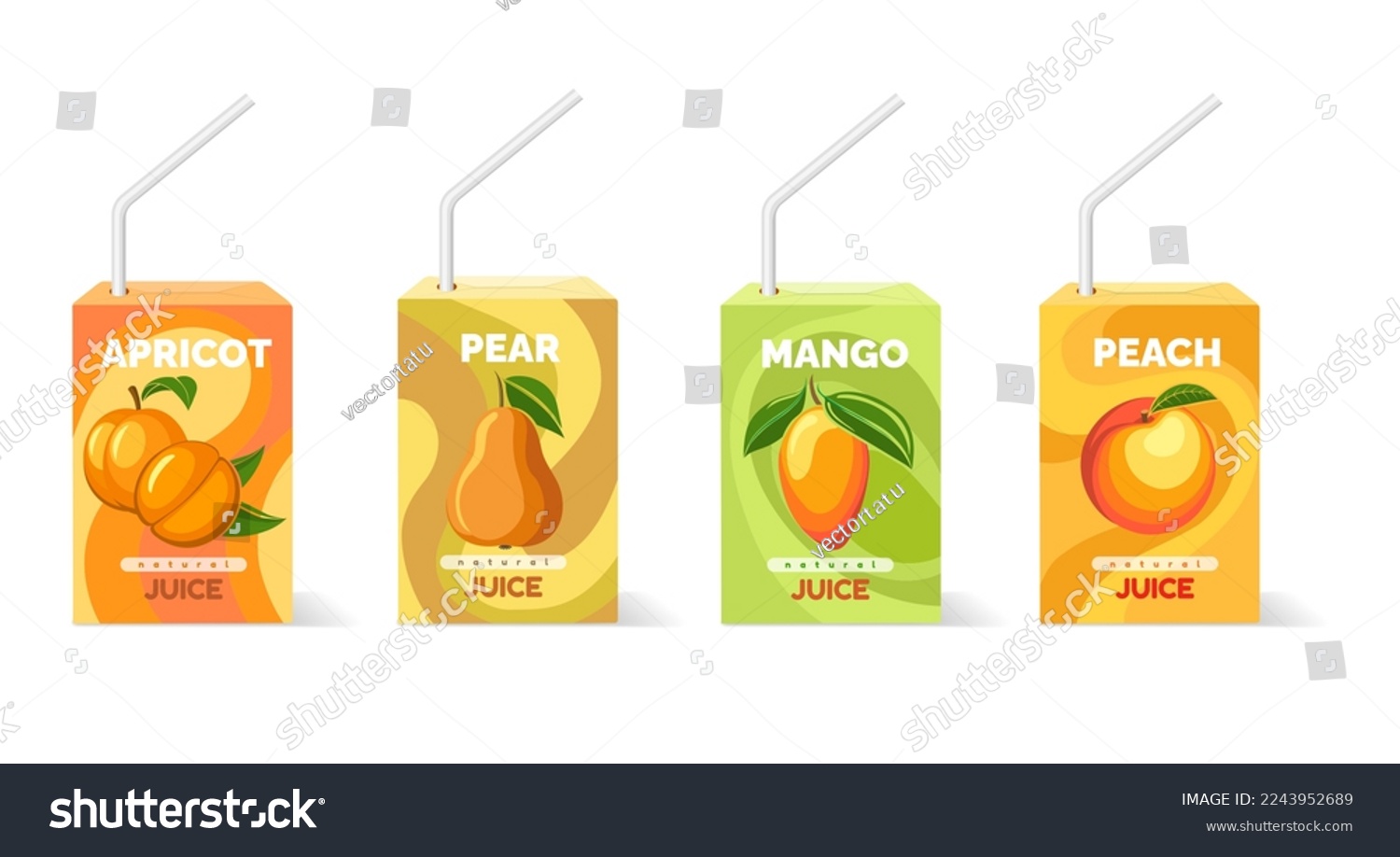 SVG of Fruit juice packets. Apricot pear mango peach juices packed boxes with straw pipes for kids and baby vector illustration isolated on white background svg