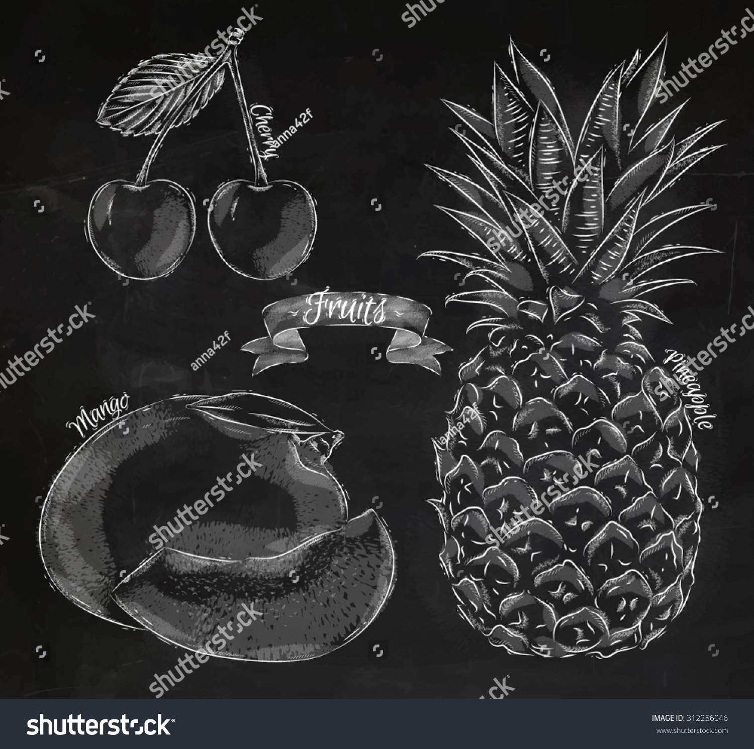 Fruit Painted Chalk Style Cherry Mango Stock Vector 312256046