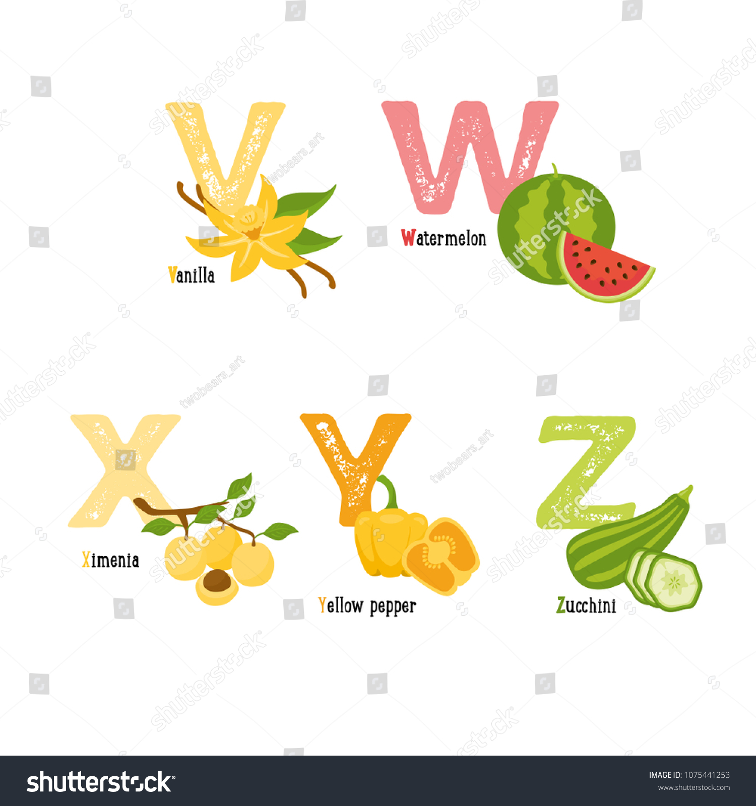 Fruits Vegetables Alphabet Y W X Stock Vector Royalty Free