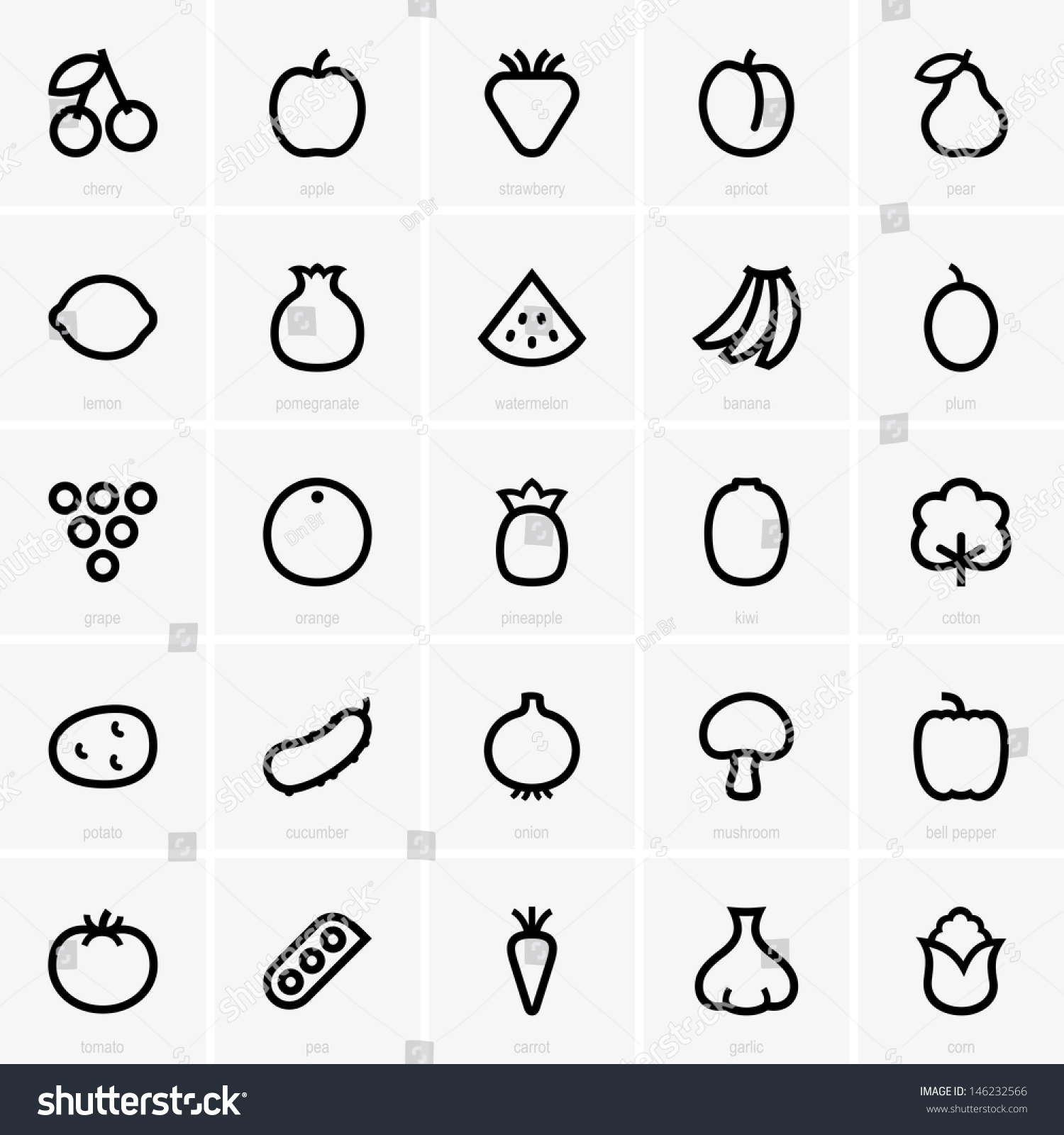 Fruits Vegetables Icons Stock Vector 146232566 - Shutterstock