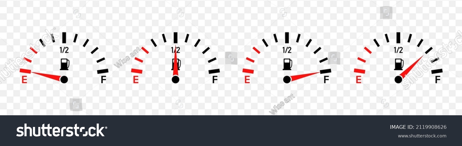 SVG of Fuel gauge. Full, half level and empty tank. Guage meter of petrol and gas on dashboard. Gage gasoline in car. Set of icons for automobile isolated on transparent background. Vector. svg