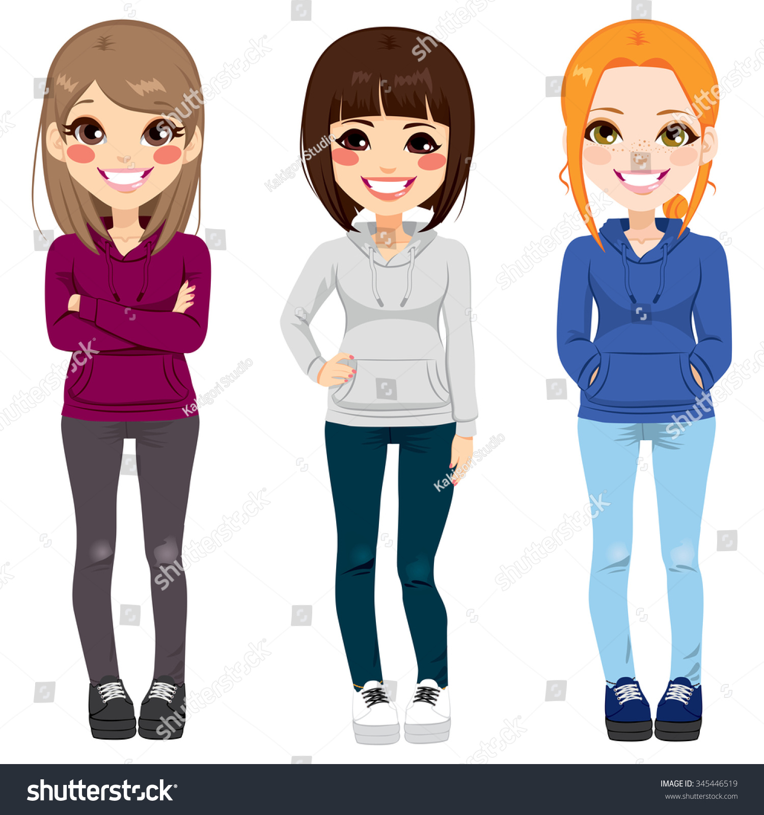 Full Body Illustration Of Three Happy Young Teenagers Girls From ...