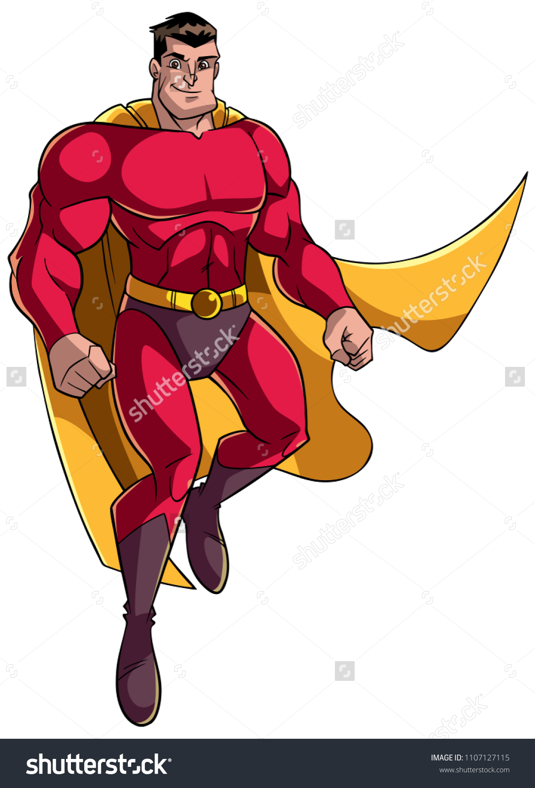 コピー用の白い背景に飛行中 マントと赤い衣装を着て飛行中に飛び上がる幸せな漫画のスーパーヒーローの全長イラスト のベクター画像素材 ロイヤリティフリー