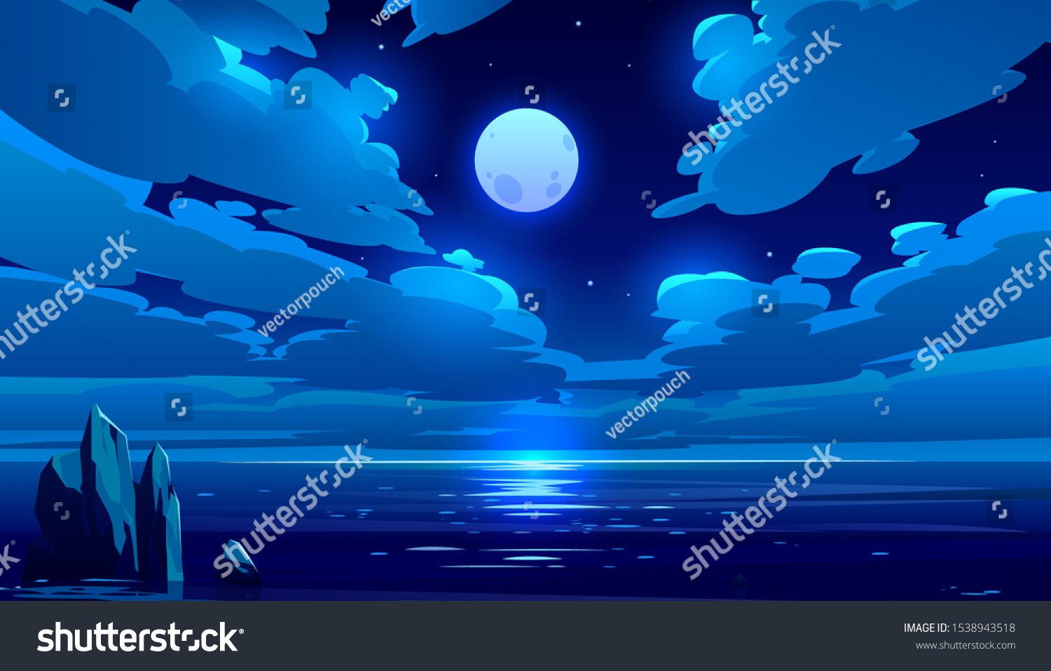 満月の夜の海や海の風景 暗い水面に映る星空と雲と月光 ロマンチックなファンタジー自然の背景 深夜 漫画のベクターイラスト のベクター画像素材 ロイヤリティフリー