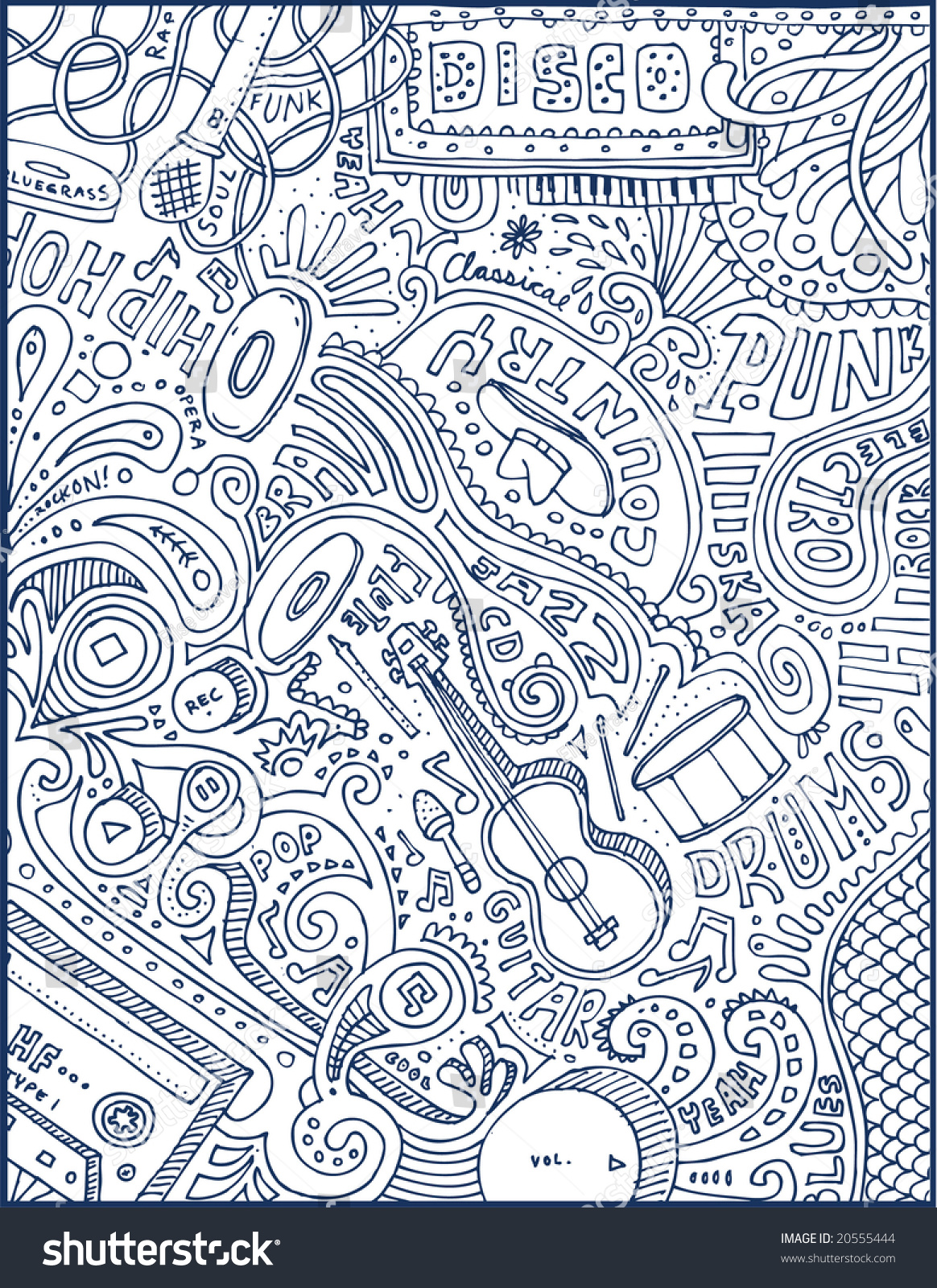 full page crazy music doodles visit stock vector royalty free