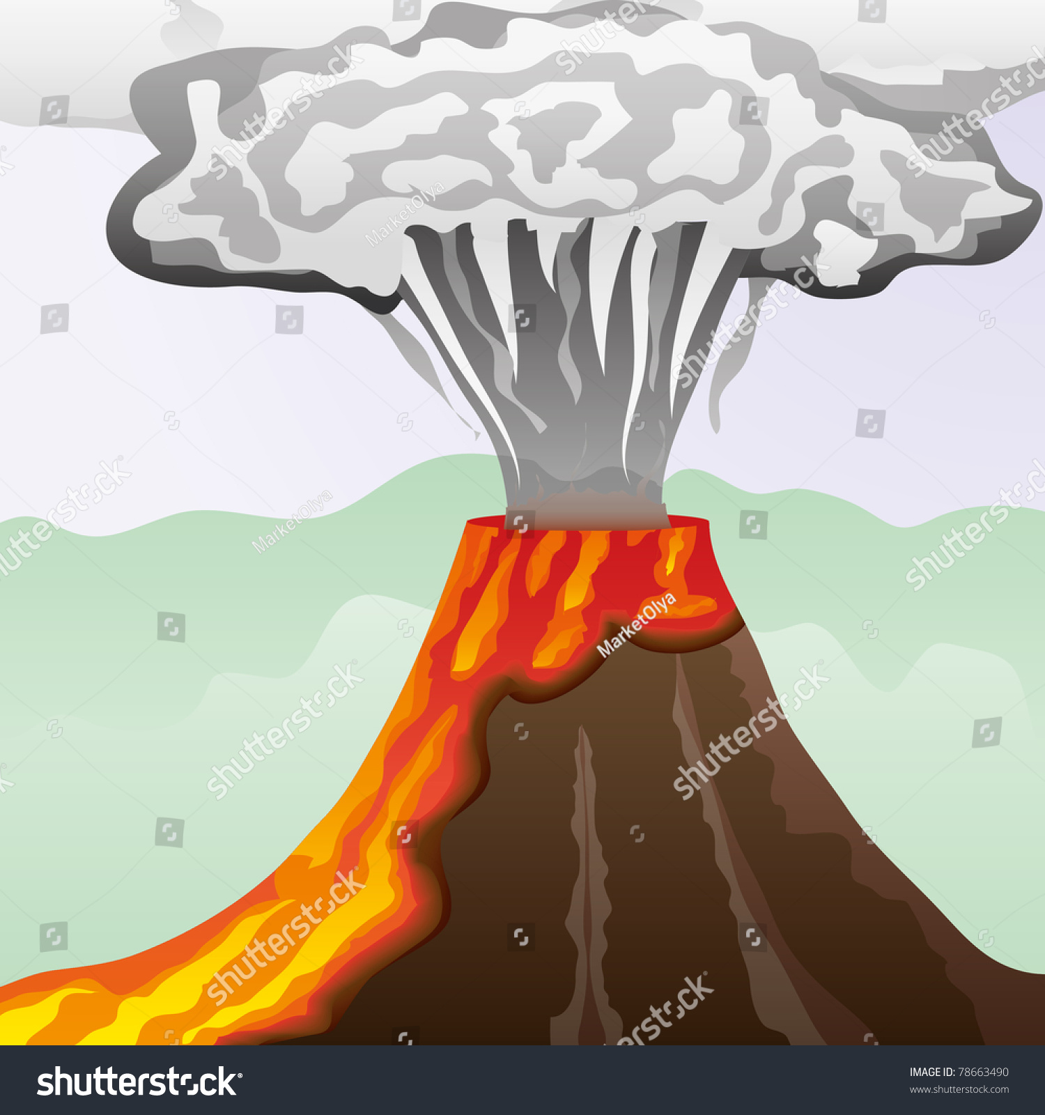 Fuming Volcano With Fiery Lava And Big Column Of Smoke, Vector ...