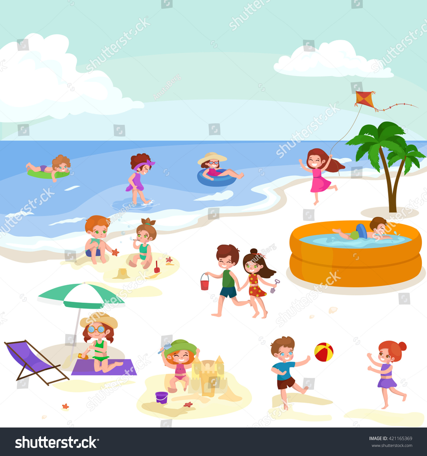 Fun Summer Beach Happy Cartoon Kids Stock Vector 421165369 - Shutterstock