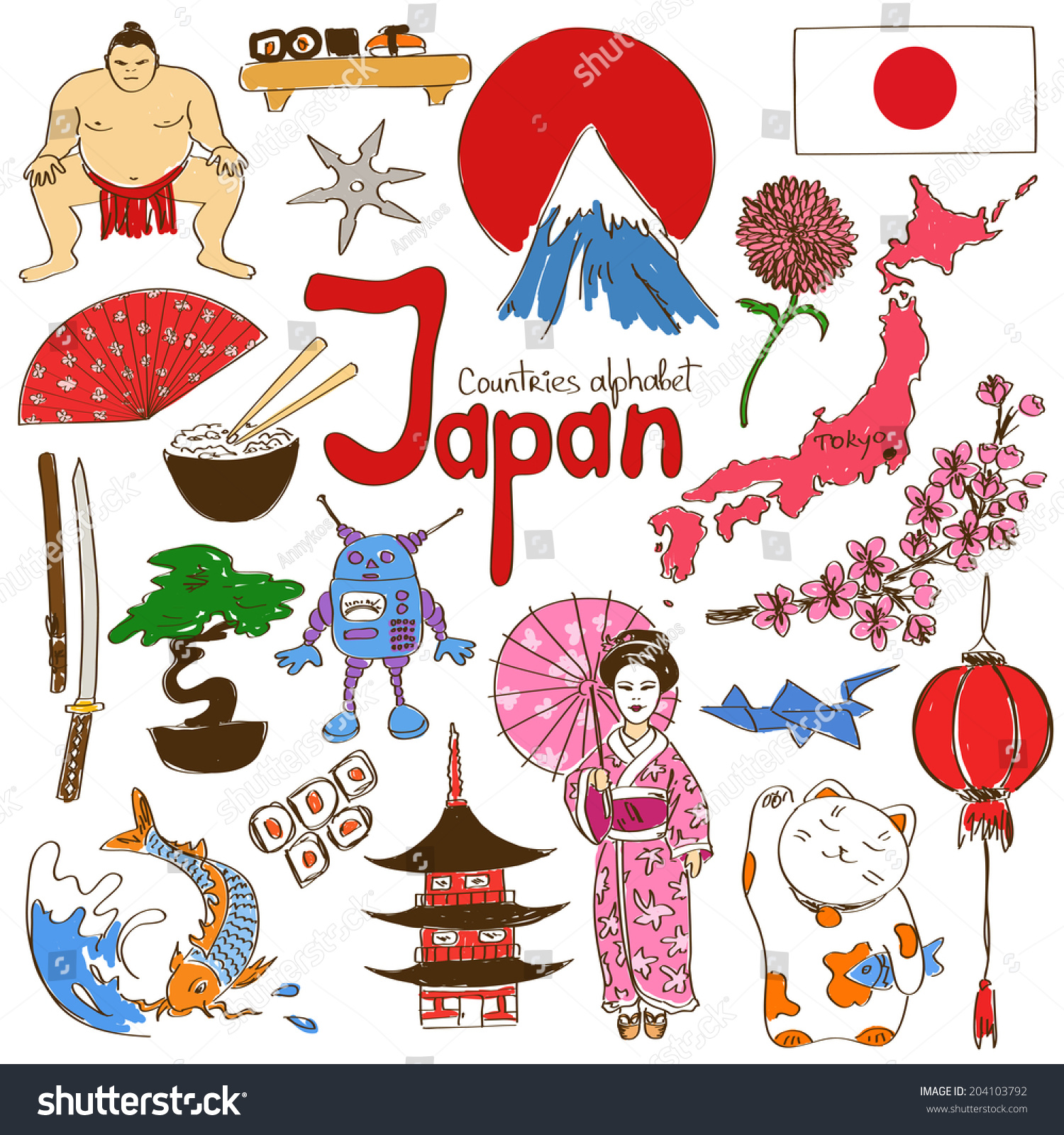 Fun Colorful Sketch Collection Japan Icons Stock Vector (Royalty Free ...