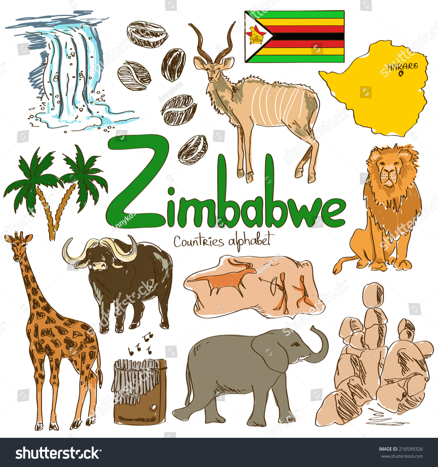 Fun Colorful Sketch Collection Of Zimbabwe Icons, Countries Alphabet ...