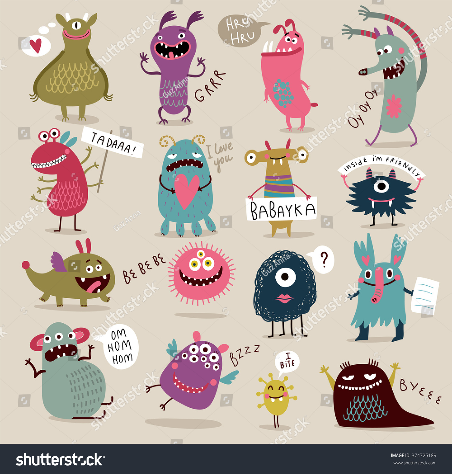 Fun Cute Cartoon Monsters Stock Vector (Royalty Free) 374725189