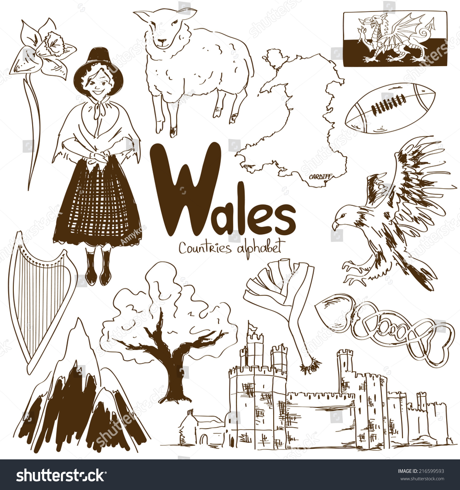 Fun Sketch Collection Wales Icons Countries Stock Vector 216599593 ...