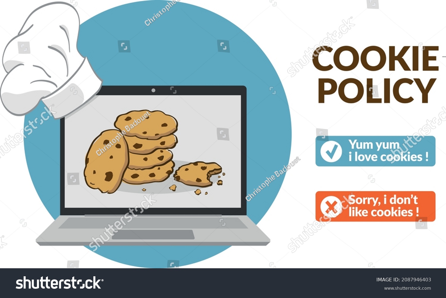 SVG of Fun vector illustration of cookies on websites. A laptop displays cookies. Buttons accept or decline the cookie policy svg