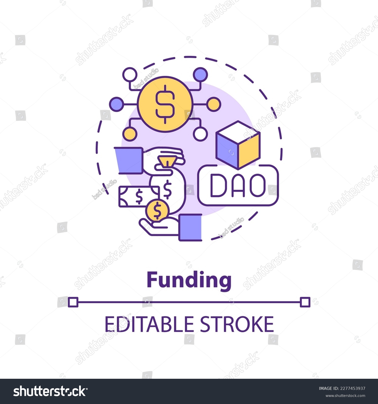 SVG of Funding concept icon. Buy and sell cryptocurrency. Blockchain. DAO lunch step abstract idea thin line illustration. Isolated outline drawing. Editable stroke. Arial, Myriad Pro-Bold fonts used svg