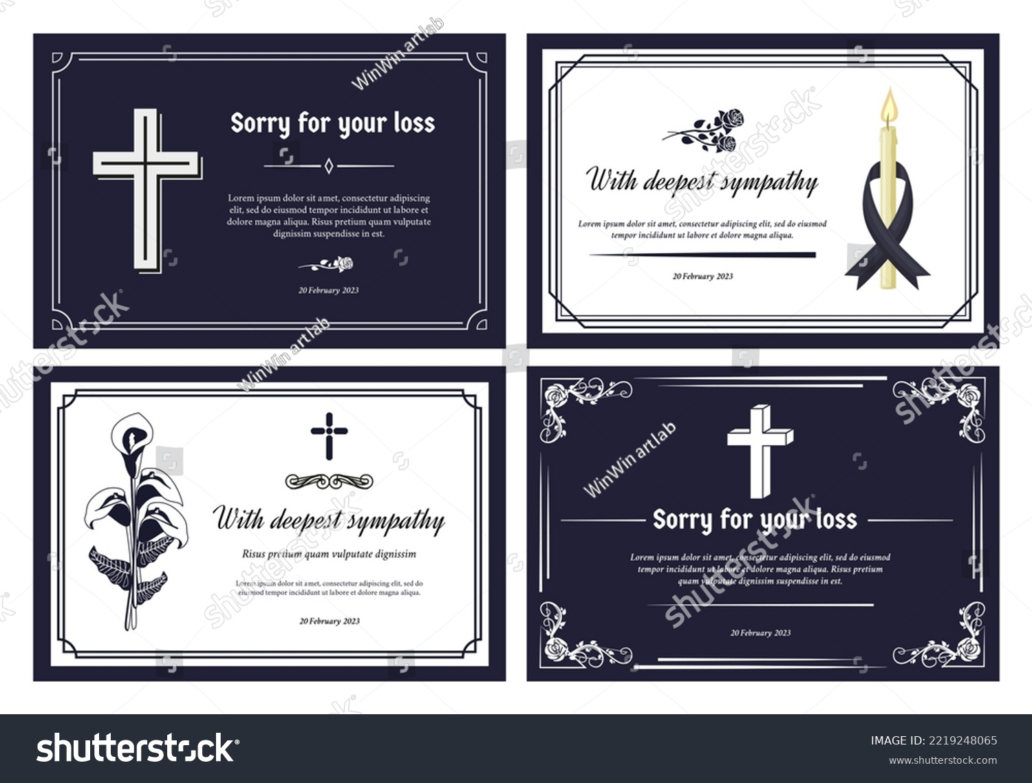 SVG of Funeral card layout. Condolence banner with deepest sympathy and sorry for your loss. Frame borders decorative template vector set of funeral grief and remembrance illustration svg