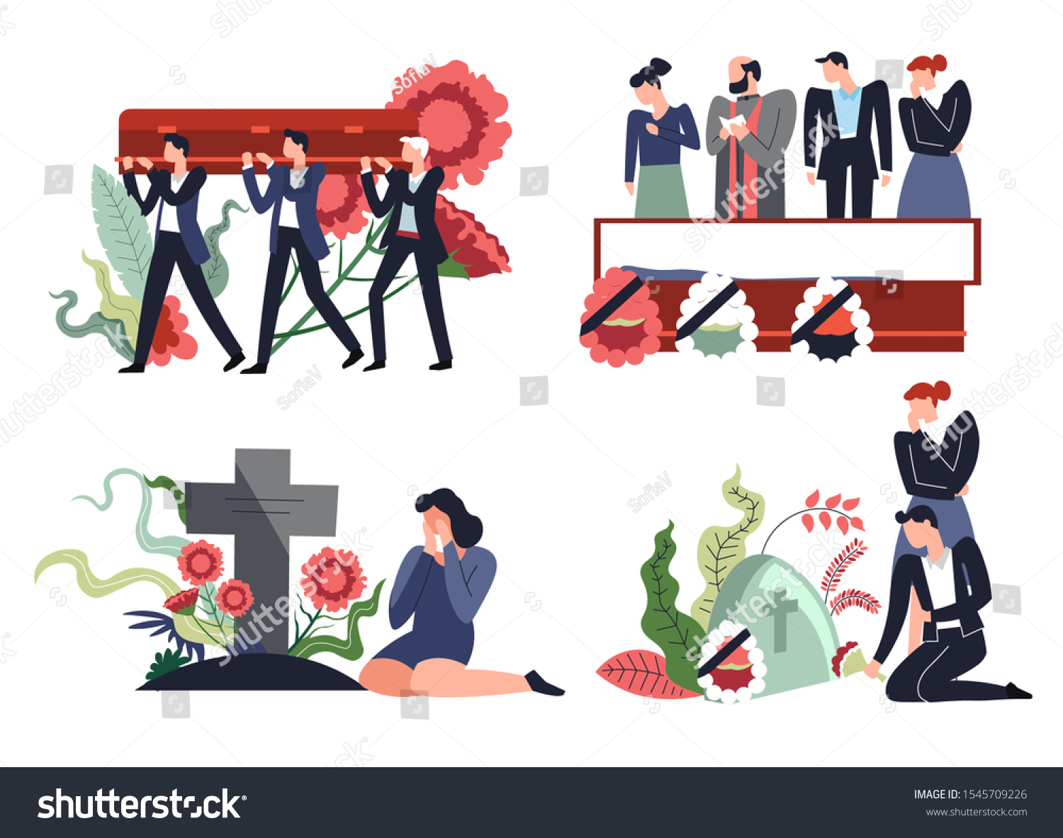 SVG of Funeral ceremony on cemetery, coffin and sad people in black clothes, flowers and wreaths, isolated icons vector Interment ceremony, woman crying near grave. Burring dead corps, farewell ceremony svg