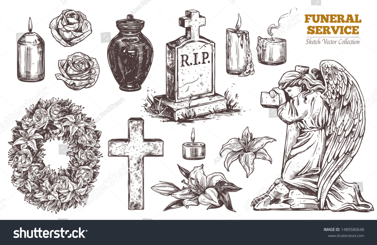 SVG of Funeral service vector hand drawn set. Attributes and symbols of condolence, loss, dead, bereavement and cemetry. Sketch of vintage stone angel, tombstone, urn, cross, resurrection svg
