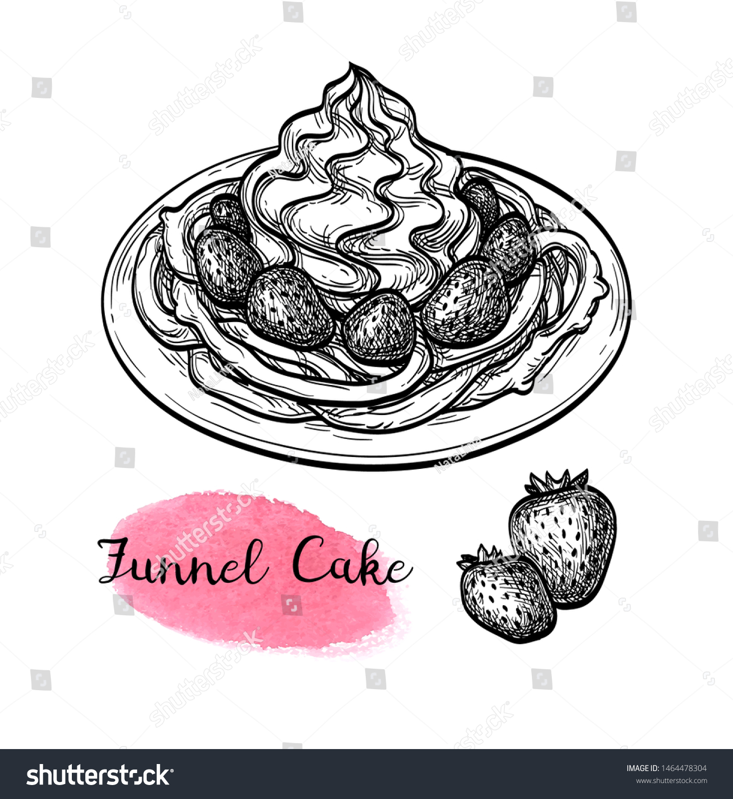 SVG of Funnel cake with strawberries and whipped cream. Ink sketch isolated on white background. Hand drawn vector illustration. Retro style. svg