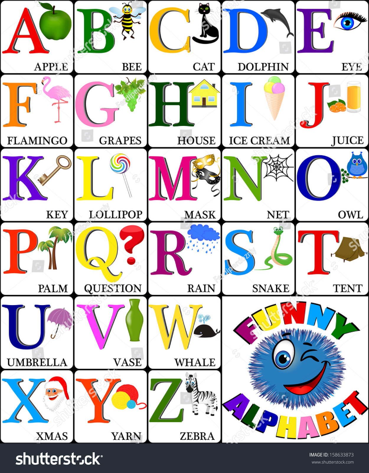 Funny Alphabet Pictures Children All Letters Stock Vector 158633873 ...