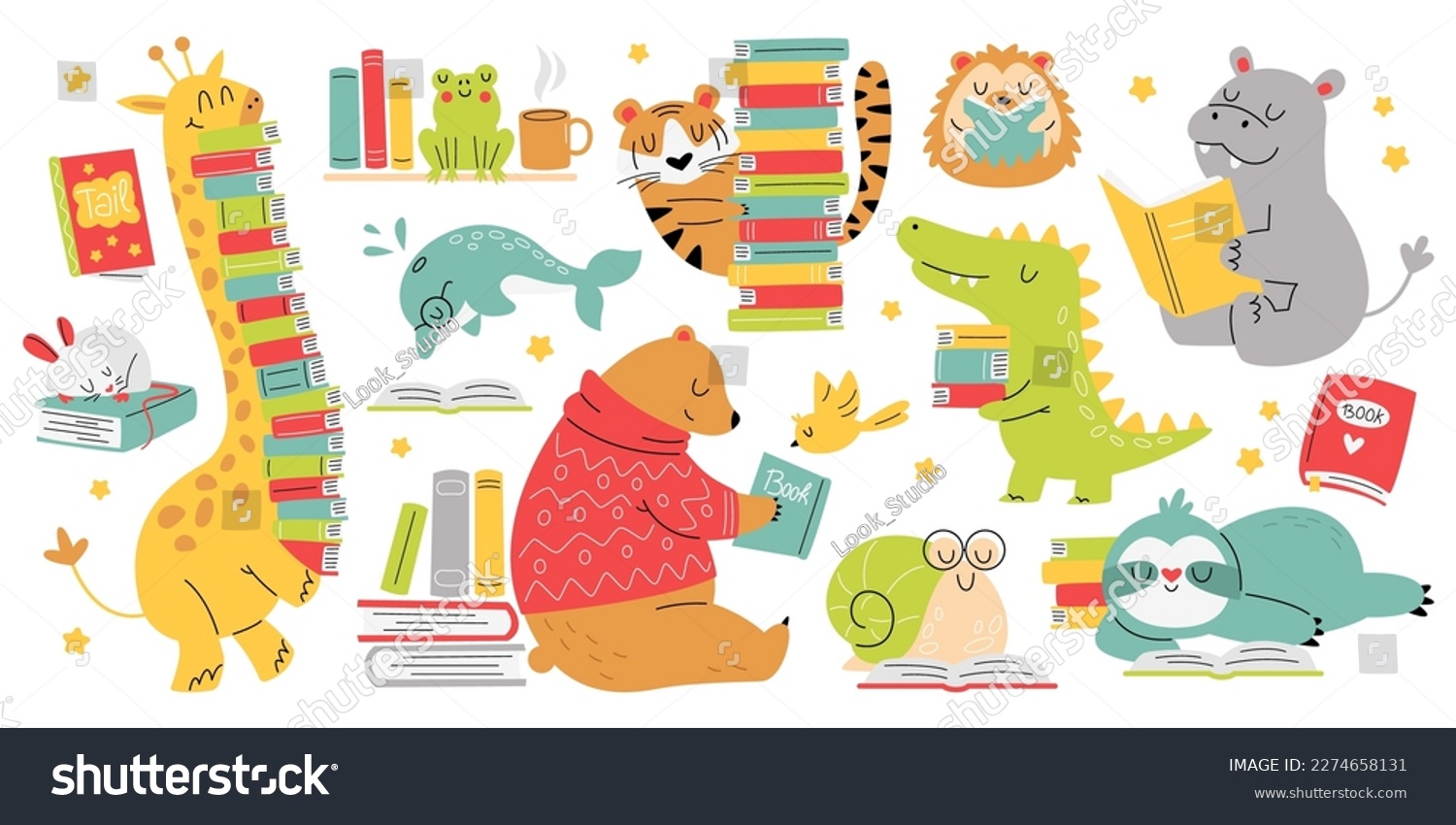 SVG of Funny animals read books flat icons set. Cute cartoon tiger, dolphin, crocodile, snail,bird reading interesting texts. Libraries for pets. Color isolated illustrations svg